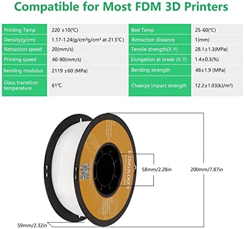 Filamento da impressora PLA 3D, precisão dimensional +/- 0,03 mm, 1 kg de bobo, 1,75 mm, branco