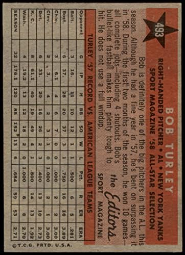 1958 TOPPS 493 All-Star Bob Turley New York Yankees VG/ex Yankees