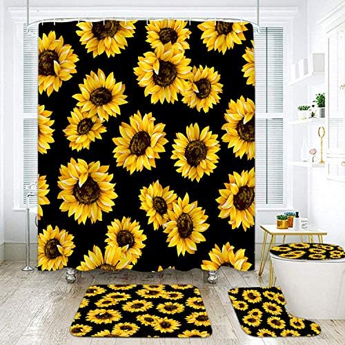 Artsocket 4 PCs Curta de chuveiro Conjunto de girassol amarelo Blooms floral preto Buquê Pétalas de folha de jardim consecutivamente