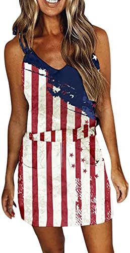 DOOWEI Camisa de vestido de manga curta Mulheres vestido de verão Independence Day Print listrado SPAGHETTI Strap Mini Womens