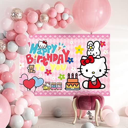 5x3 pés de desenho animado rosa Banner de feliz aniversário, Kitten Festy Supplies Decorações de Kitten, Kawaii Fundo