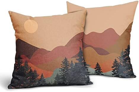 Capas de travesseiro de montanha abstrato de boho 18x18 polegadas Conjunto de 2 paisagem Nature Paisagem Sunset florestas