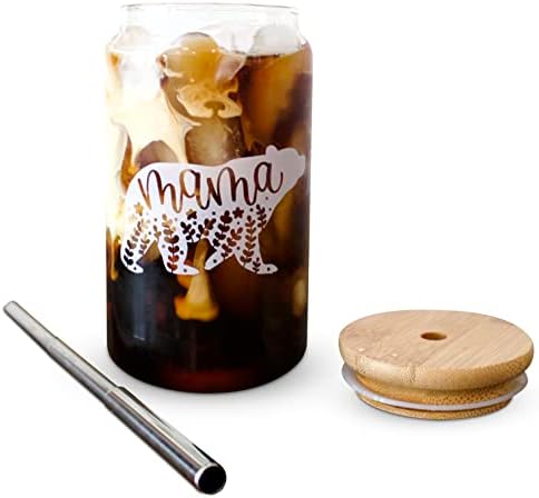 Mama Bear xícara de vidro de café gelado com tampa de bambu e palha | 16 onças de lata de cerveja com tampas e palha |
