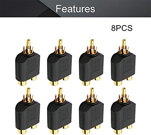 FILECT 8PCS RCA Male para 2 RCA Conector feminino Adaptador Adaptador Couplador para Mono Audio Video Av TV Cable Converter preto