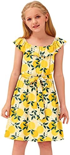 Besserbay Girl's Casual Ruffle decote elástico do ombro Floral Midi Dress 3-14 anos