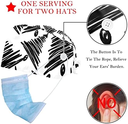 2 pacotes tampa de trabalho ajustável com banda de suor de botão para enfermeiras Mulheres Chapéu de Ponytail Hand desenhado Papai