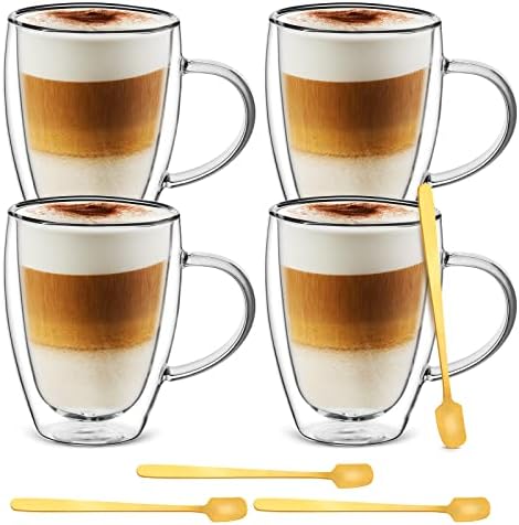 Capa de vidro Cappuccino, 12 onças de caneca de caneca de café expresso de parede dupla Conjunto de vidro com 4 colher