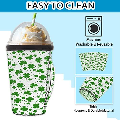 Dia de São Patrício Clover verde deixa a manga de café gelada reutilizável com manga de xícara de neoprene para refrigerante,