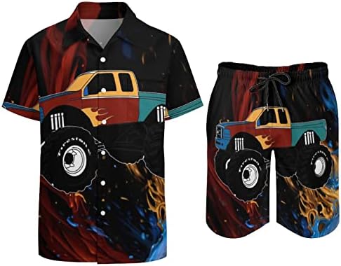 WeedKeyCat Awesome Big Trucks Men's Beach Roupfits 2 peças Button Hawaiian Down Camise