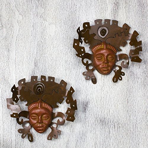 Novica Decorativa Arqueológica Ferro e Máscara de Cerâmica, Marrom, máscaras astecas '
