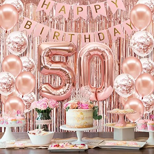 Decorações de aniversário de 50 anos Mulheres, Feliz Banner de 50 anos, coroa, faixa, capota de bolo e balão numérico, Decorações