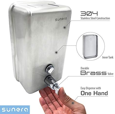 Distribuidor de sabão comercial de aço inoxidável Sunera 304 com recipiente de plástico, montado na parede para banheiro - válvula de latão premium