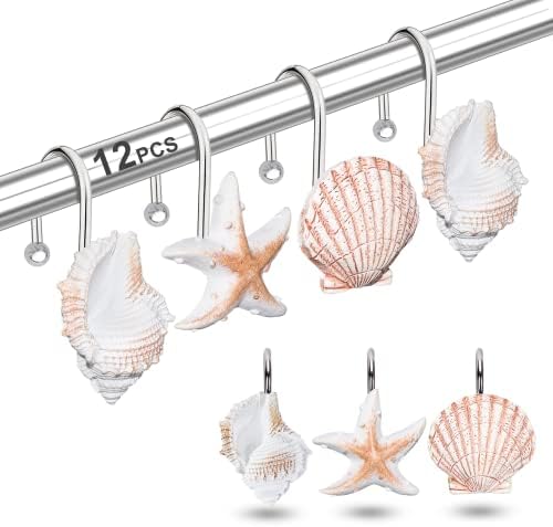 Ganchos de cortina de chuveiro anéis, 12pcs Anti Rust Seashell Resina decorativa ganchos para banheiro de praia, quarto de bebê, quarto, decoração da sala