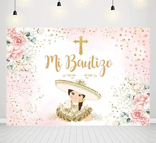 Mi Bautizo Backdrop para meninas Decorações de festas do batismo espanhol mexicano Pink Glitter Glitter Foil Foil Bless Girl Primeiro