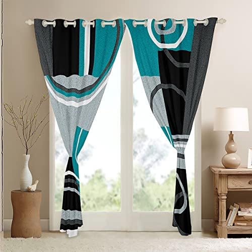 Cortinas de decoração de turquesa moderna 104 wx96 l círculos geométricos cortinas de janela para meninos garotos adolescentes cortinas cinza preto e cortinas de faixas de faixas grommet cortinas modernas tratamentos de janelas gráficas