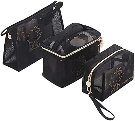 Bolsa de cosmética Ambealla malha de grande capacidade Viagem Bolsa de armazenamento, preto