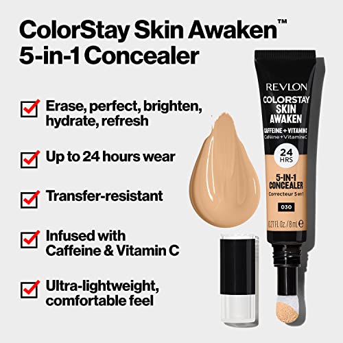 Revlon Colorstay Skin Awaken 5-in-1 corretivo, leve e cremoso e cremoso maquiagem facial com cafeína e vitamina C, para imperfeições, círculos escuros e vermelhidão, 001 neutralizador universal, 0,27 fl oz