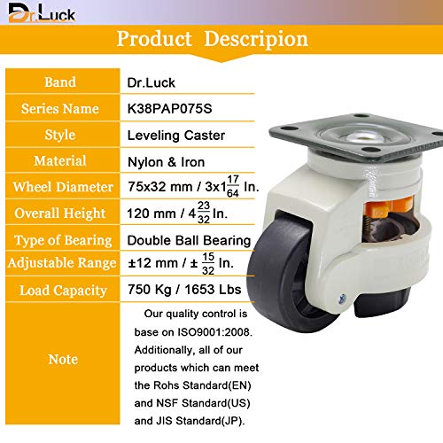 Dr.Luck Máquina de nivelamento giratória de 3 polegadas Castro com roda de nylon, suporte de mestrador retrátil Suporte horizontal Montado com placa superior, 750kg/1653lbs Capacidade de carga Cada rodada, pacote de 4