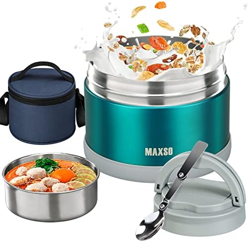 Thermos de sopa Maxso para comida quente - recipiente de almoço isolado a vácuo de 24 oz com colher dobrável e bolsa térmica, caixa de bento de boca larga para adultos