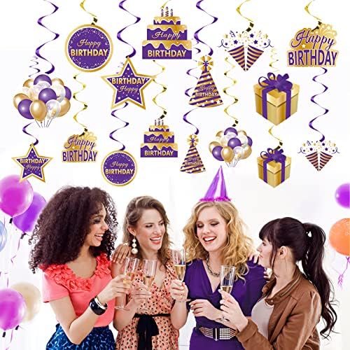 Purple Gold Birthday pendurado Decorações de redemoinhos para mulheres meninas, Purple Feliz Aniversário Foil Food Supplies