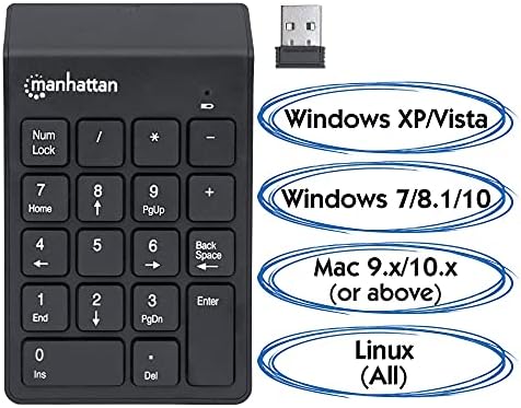 Teclado numérico sem fio de Manhattan - 18 chaves de tamanho completo e Ultra Slim Lightweight Ergonomic Number Pad Design - para laptop, desktop, computador, PC - Black, 179928