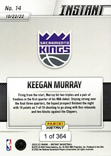 2022-23 Panini Instant Basketball 14 Keegan Murray Rookie Card Kings - Apenas 364 Made