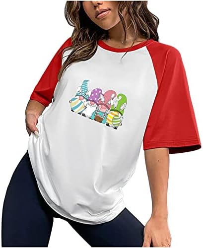 Manga curta feminina Gnome Print T-Shirt Color Block Crewneck Casual Summmer Raglan Shirt