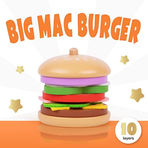 Takyland Montessori Hamburger empilhando brinquedos, hambúrguer de madeira brinquedos de brinquedos para crianças, brinquedos