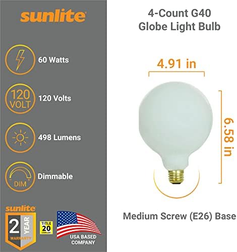 Sunlite 41688 Lâmpada incandescente G40 Globe, fosco, 60 watts, 498 lúmens, base média E26, decorativa, diminuído, pendente, espelho de vaidade, 2600K WAX WHIT WHIT, 4 contagem