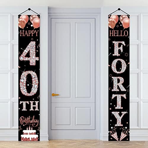 Decorações de bandeira de porta de 40 anos para mulheres, ouro rosa feliz aniversário 40º aniversário Hello Hello Alpendre Signation Supplies, decoração de 40 anos de idade para externo interno