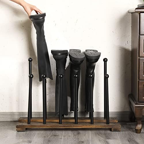 MyGift Modern Entryway Black Metal Botas e Rack de sapatos com base de madeira sólida queimada, Base de Botas de Cowboy Alta de