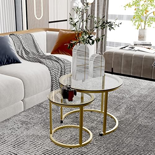 ABOXOO GOLD NESTILING CHAFELE MABEL Conjunto de 2, pequenas mesas de ninho de vidro para quarto da sala de estar, mesa de chá com sotaque com moldura de metal moderno industrial simples, 23,6d x 23,6w x 17,7h em