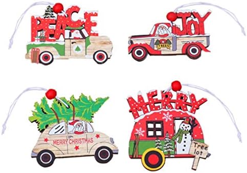 Decoração de carro de nuobesty 4pcs pingente de madeira de Natal, caminhão e carros de madeira pendurada, ornamentos
