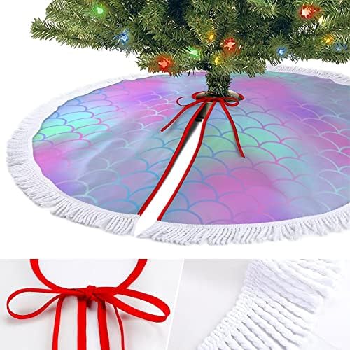 Mermaid Tail Scales Salia de árvore de Natal Red Salia de árvore de Natal redonda com borda com franjas para decorações de quintal externo