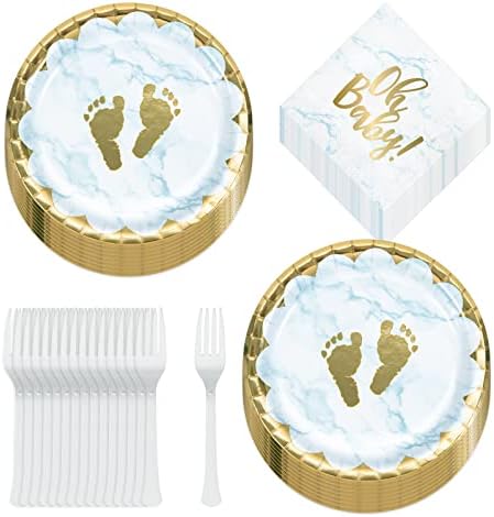 Oh bebê de mármore azul e pegadas de ouro de pegadas de papel, guardanapos de almoço e garfos e garfos