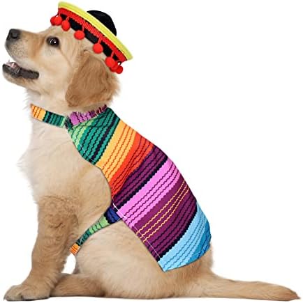 Trajes de cães de sera mexicana mexicanos Whaline definem Cinco de Mayo Poncho colorido e chapéu de sombrero preto vermelho com Felt Pom Ball Ball mexicano Fiesta Party Pets Acessórios para Party Carnival Small Dog Cat, 2pcs