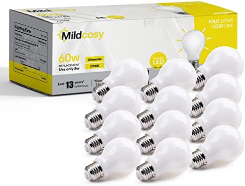 Lâmpadas LED de LED de MildCosy A19 diminuem, equivalente a 60w, branco quente 2700k 8 watts 800 lúmens CRI 90+ Bulbo de filamento retrô Branqueamento de vidro revestido, Lifetime 13 anos certificado pela FCC, base E26, 12 pacotes