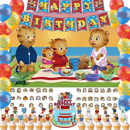 101 PCs Daniel Tiger Birthday Party Supplies tem temas decoração incluem banner de feliz aniversário, balão, adesivos ， bolo topper, tampo de cupcake, pano de fundo.