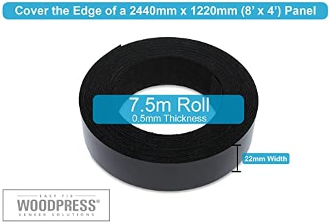 Woodpress® 7/8 polegadas Matt Black Melamine Edge Banding, fita pré-colada de folheado-Roll de 25 pés-Ferro-On para fácil aplicação