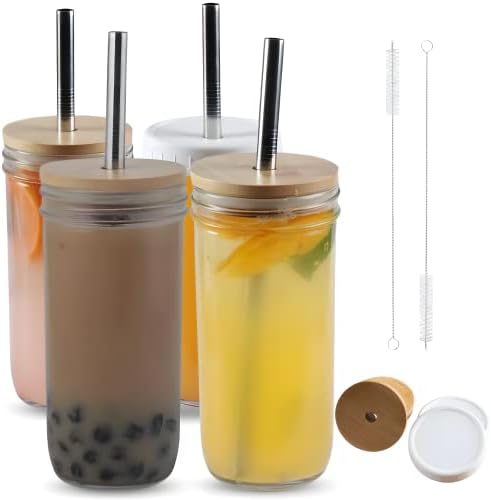 [Pacote de 4] copos de vidro de jarra de pedreiro com tampas e canudos 24 oz, copo de smoothie boba com tampas de