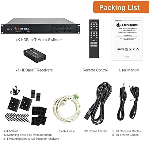 J-Tech Digital 4K@60Hz 8x8 HDBASET HDMI Matrix Switcher Switch e 7 receptores Pacote de 8-Button painel de controle Placa