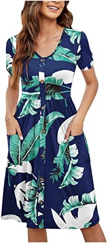 Mulheres casuais estampas florais vestidos de verão moda moda de manga curta bolso de bolso de bolso giro botão fluido para baixo vestido