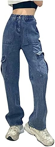 Jeans de cintura alta de botão para feminino de pecuária de rua de streetwork de bolso de bolso calças elásticas de cor sólida de cor