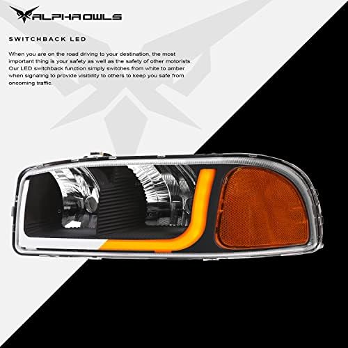 Alpha Owls 8709672 Faróis de cristal com luminária de LED sequencial e luz de startup-Black Amber Fits 1999-2006 GMC Sierra / 2007