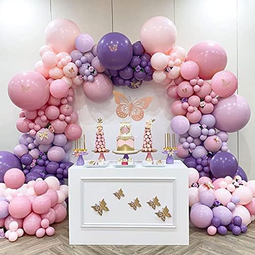 QIFU 180pcs pastel rosa roxo balão guirlanda arco kit adesivos de borboleta decorações de chá de bebê para festa