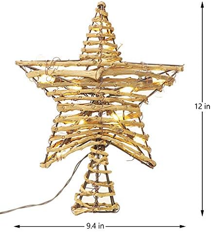 Dr.Dudu Christmas Tree Topper, 9,4 x 12 Rattan naturais Tree de estrela de Natal com 10 luzes LED, Rustic Prelit Xmas Tree Star Topper