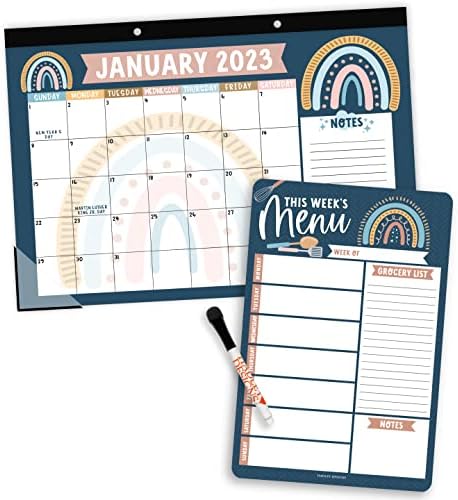 1 Boho Grande calendário de mesa 2023-2024 Calendar Pad Pad, 1 Planejador de refeição semanal magnético Plante seca de apagamento