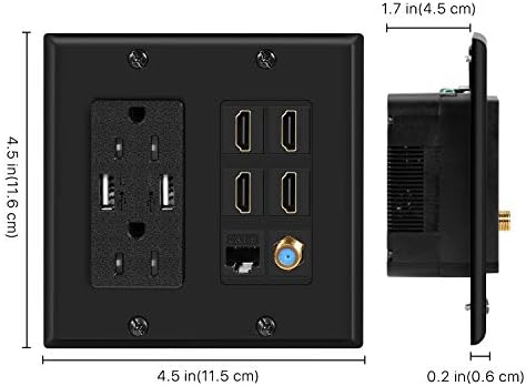 Tnp mídia plug plux placa 2 gangue preto w/ 2 tomada USB, 15A Dual Power Outlet, porta 4x HDMI, porta CAT6 RJ45 Ethernet,