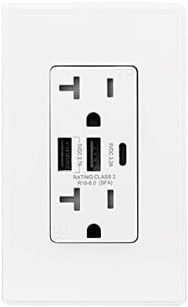 ELEGRP 30W 6,0 AMP 3-PORT USB Wall Outlet, receptáculo de 20 amp com portas USB tipo C tipo A, carregador USB para dispositivos para