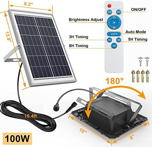 TFKK 100W LUZES DE RUA SOLAR DO LUZES DO LUZES DE ESTACIONAMENTO DE SOLAR DE FIO DE ARIGO DE 7500K 16 pés, IP65 Luzes